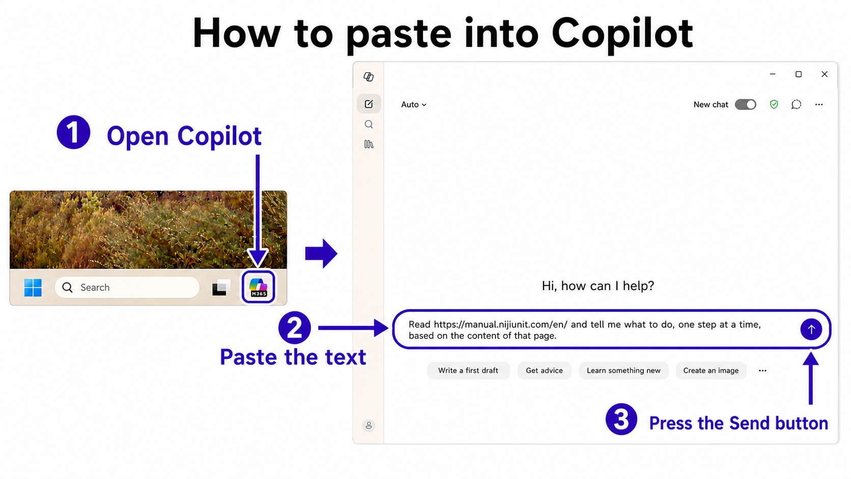 Example showing Copilot with the copied guidance message pasted into its message box