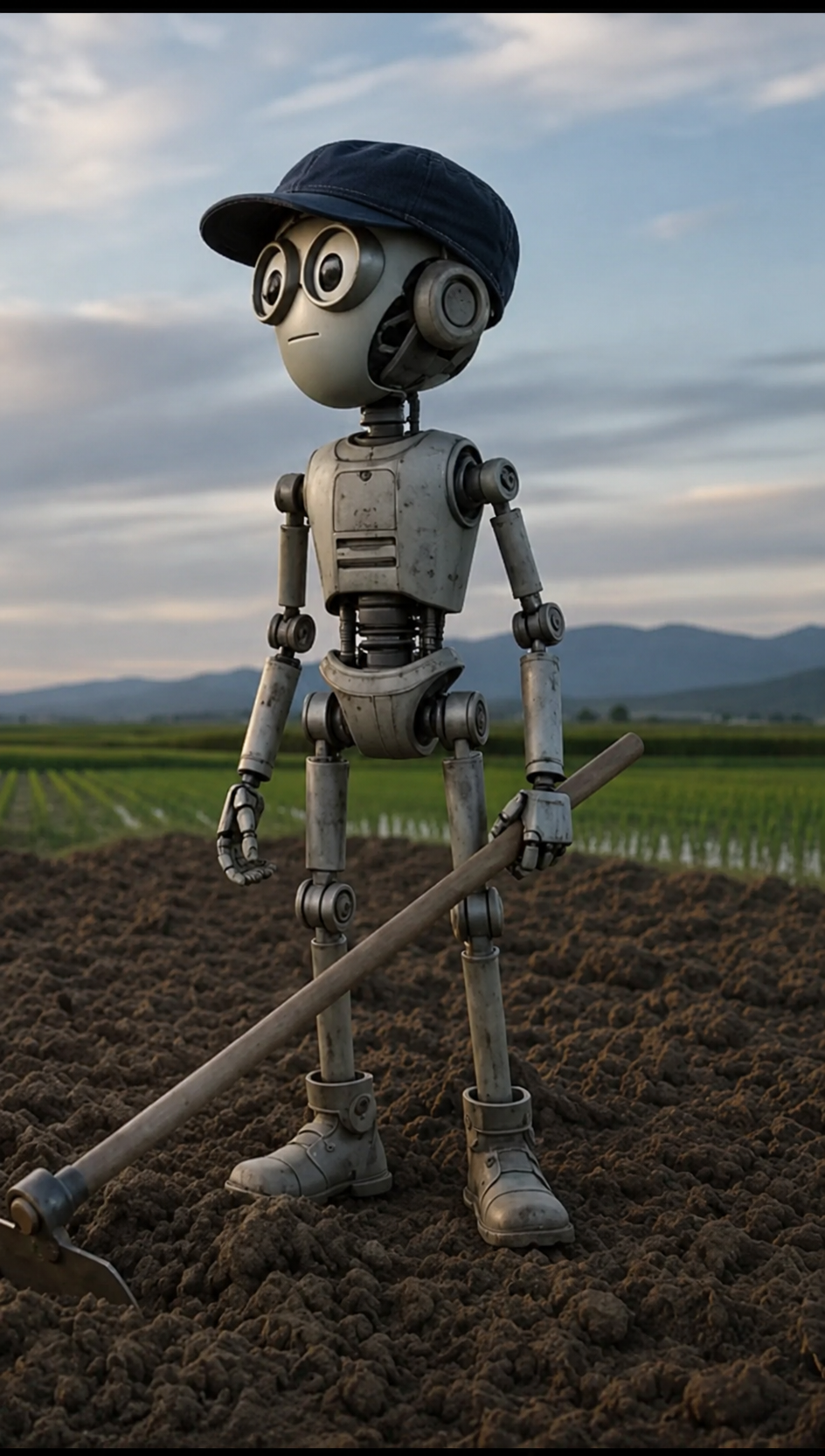 Xを担当する、紺色の作業帽をかぶった細身のロボット