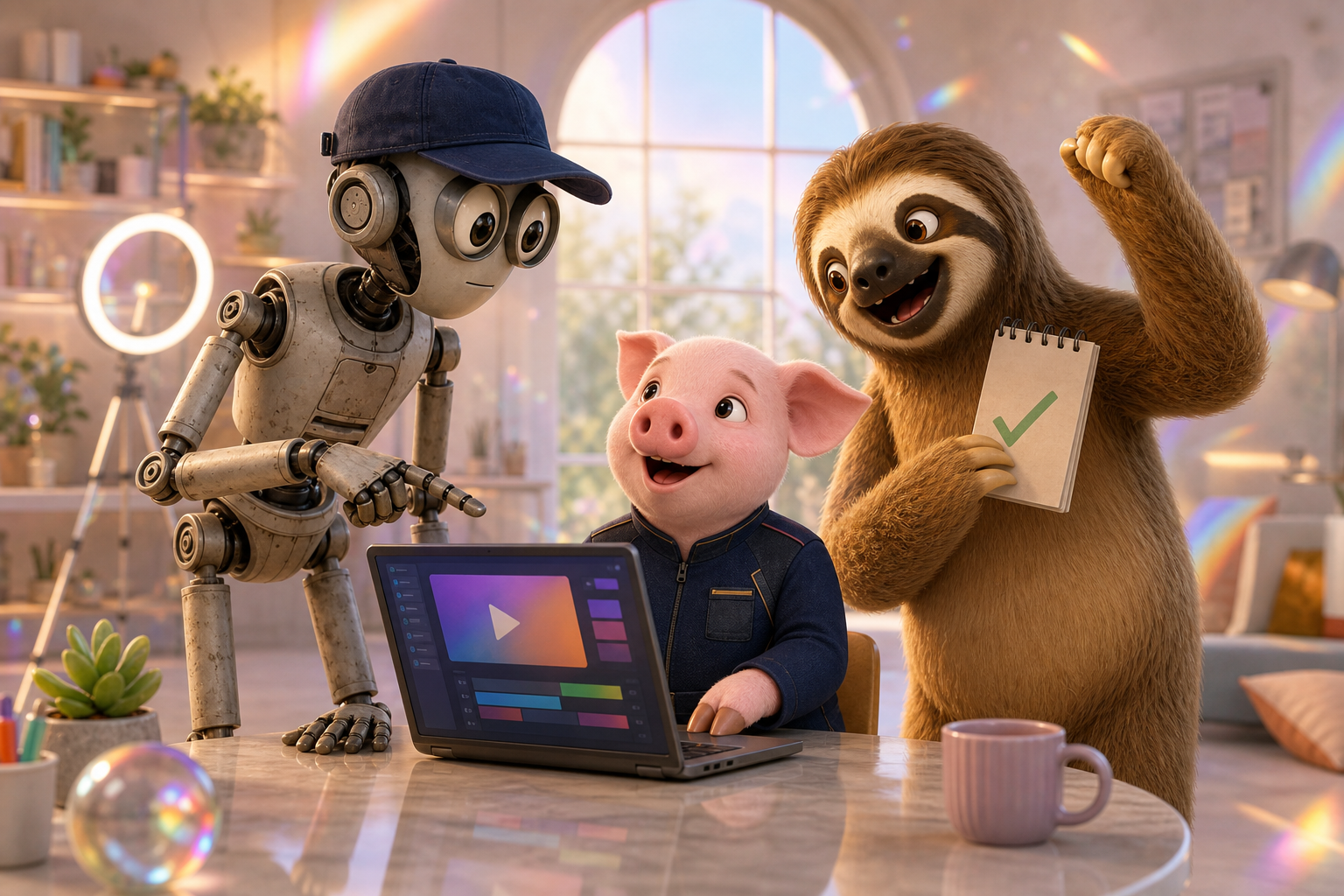 ロボット、子ブタ、ナマケモノが一台のパソコンを囲み、動画制作を楽しんでいる様子